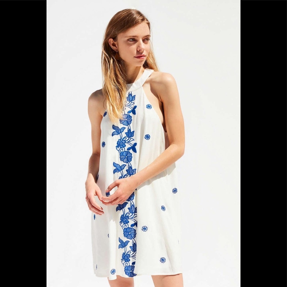 Women's Blue Uo Embroidered High-neck Mini Dress
